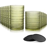 DmmyAlzx Hobnail Drinking Glasses Set of 12 Count, Vintage Glassware, Old Fashioned Glasses, 6 Highball Bubble Drinking Cups 14.5 oz, 6 Rocks Cups 10 oz with 6 Silicone Coasters, Green