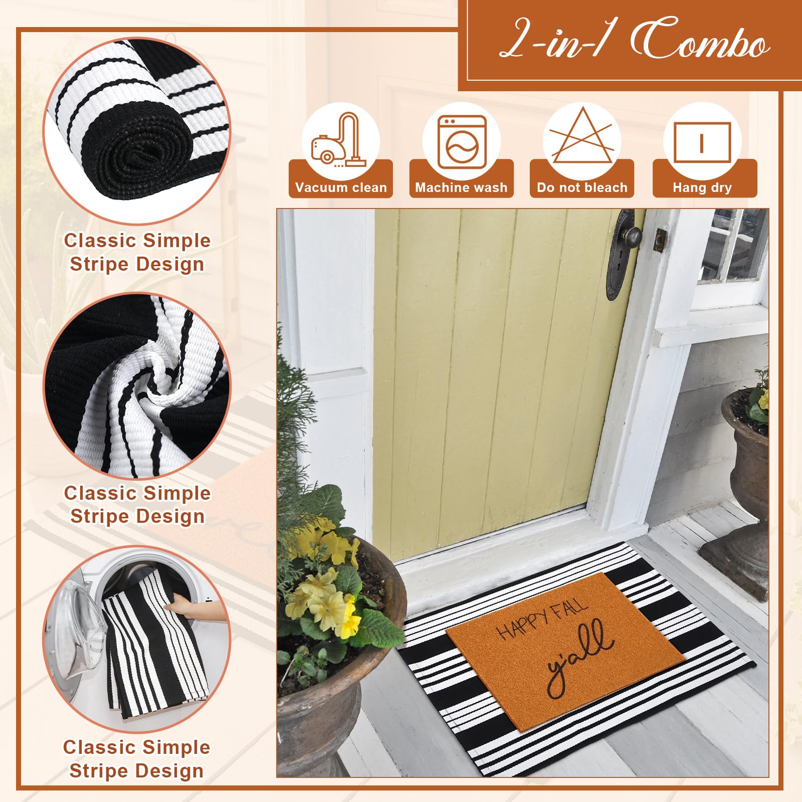 Tinideya 2 Pcs Fall Front Door Welcome Doormat Set Includes 24 x 35 Black and White Striped Mat 16 x 24 Welcome Mat Coir Door Mat Autumn Doormat Washable for Outdoor Indoor Entrance(Happy Fall) - Image 3