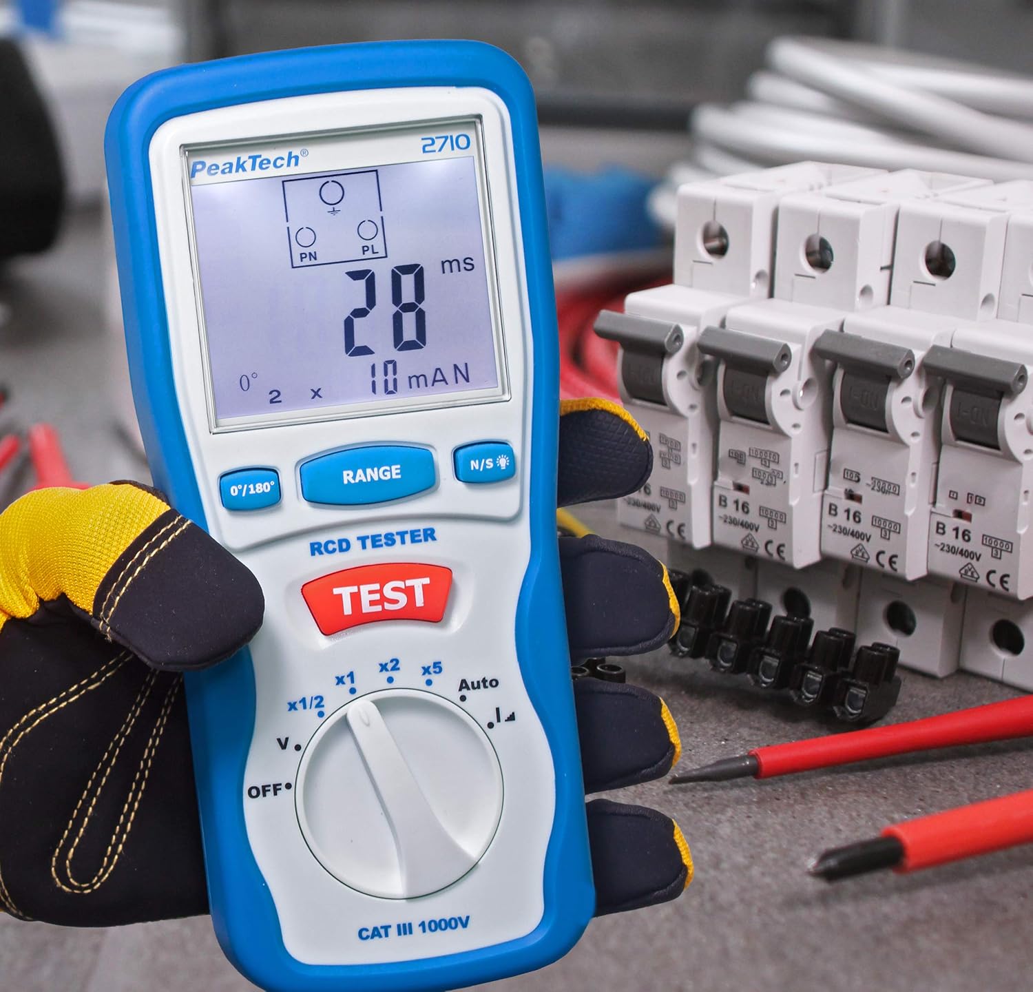 PeakTech P 2710 - Digital RCD Tester, CAT III 600 V, 3-Digit LCD Measurement Display with Backlight, Blue, 92 x 200 x 50 mm - Image 5