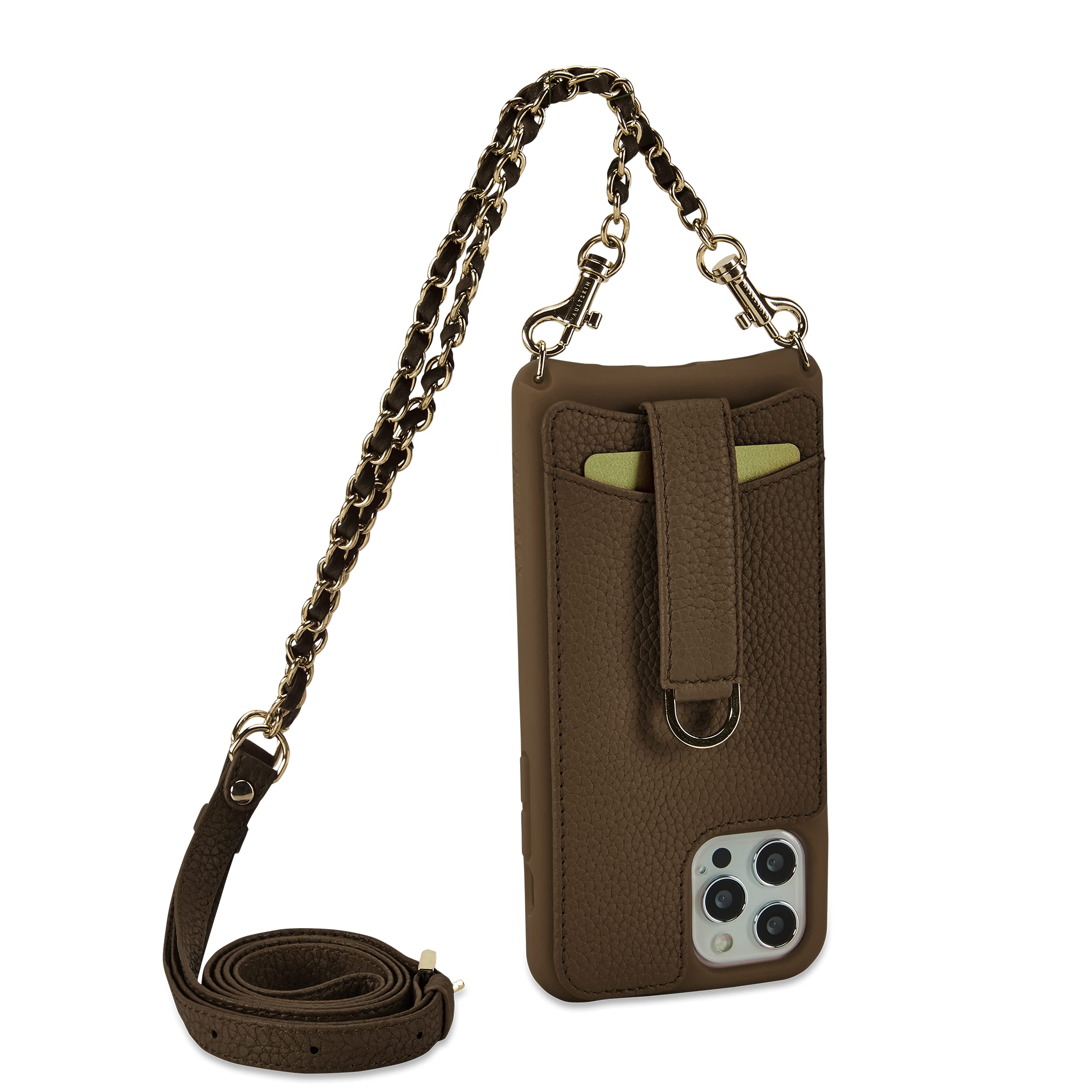 Vaultskin VICTORIA Crossbody Wallet Case, Lanyard with Card Holder (Brown - Chain & Leather Strap, for iPhone 12/12 Pro)