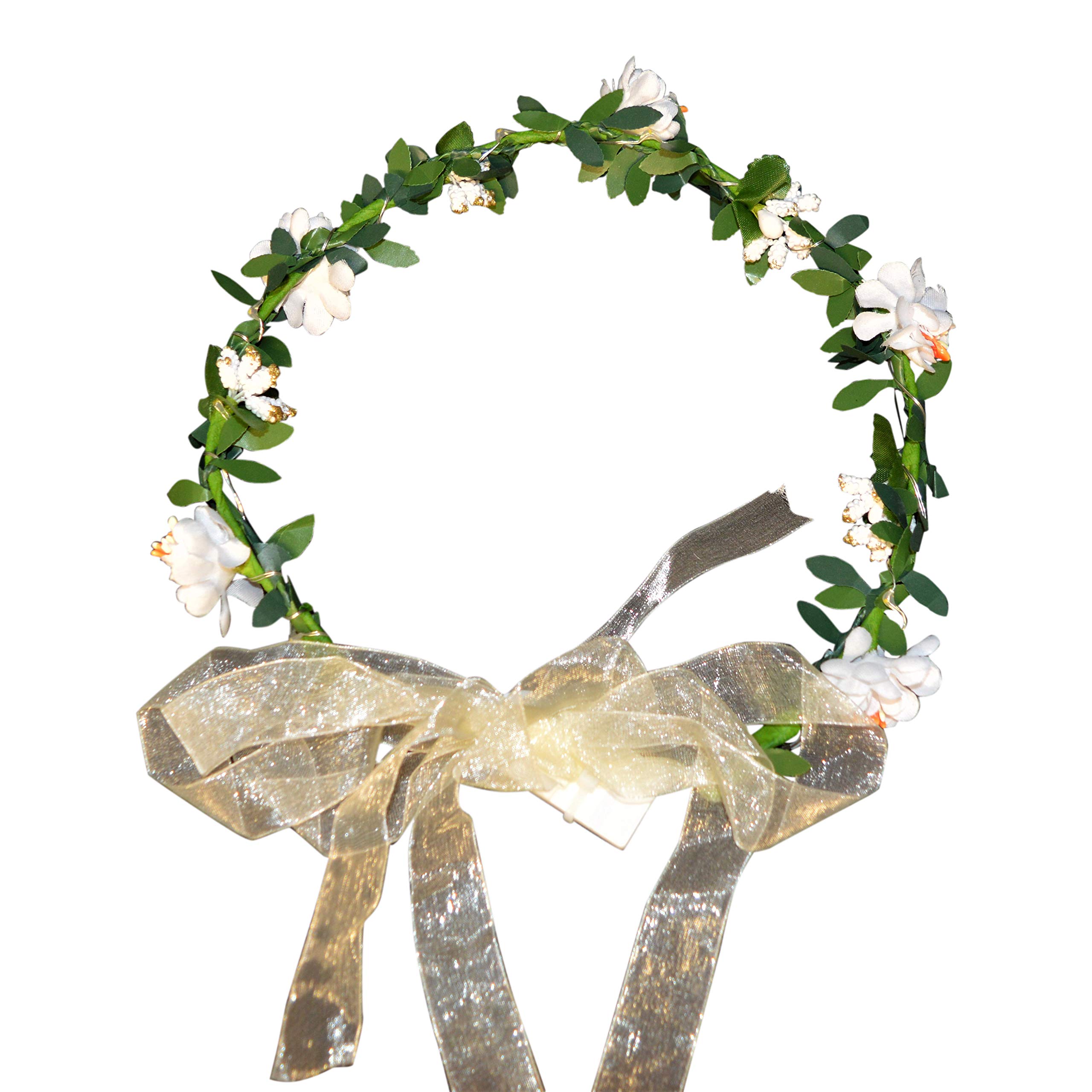 Glowtopia Light Up Floral Wreath Crown Garland with Warm White LEDs Flower Headband Wedding Decoration Festivals (Bridal Wribbon - White)