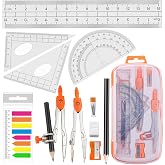 Akuoly Geometry Compass Set 2 Drafting Compasses with Maths Protractor Set Squares Ruler and More for Students Starters Homework etc. Orange