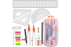 Akuoly Geometry Compass Set 2 Drafting Compasses with Maths Protractor Set Squares Ruler and More for Students Starters Homework etc. Orange