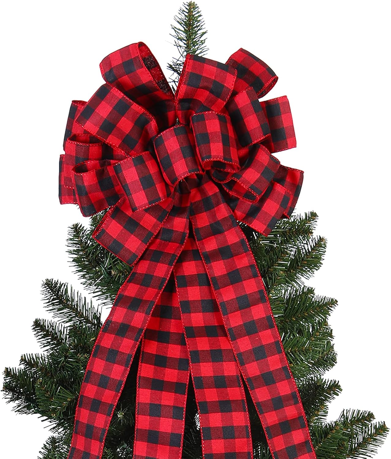 Bows & Ribbons - Christmas Buffalo Plaid Tree Topper 48 x 13 Inches Large Checked Toppers Bow Big Decorative Bows Wreath Bow for Crafts Party Festival Ornaments (Black and Red)