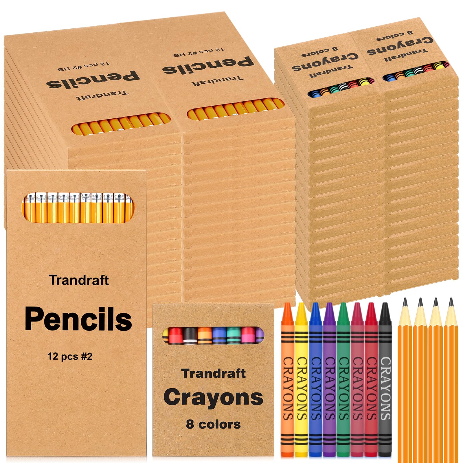 Photo 1 of Trandraft 96 Pcs Bulk Crayons Packs with 144 Pcs Sharpened Bulk Pencils(#2 Hb), Back to School Gifts for Students Mini Crayons Individual Pack 8 Colors for Classroom Party School Supplies (24 Boxes)