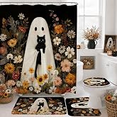 Mocsicka Halloween Ghost Shower Curtain Set for Bathroom, 4Pcs Cute Ghost Black Cat Bathroom Sets with Non Slip Rugs, Toilet Lid Cover, Bath Mat, Shower Curtain, Bathroom Decor with 12 Hooks