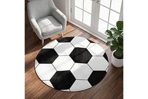 VILLCASE 31 Inch Round Soccer Rug - Washable Black & White Football Area Carpet with Non-Slip Backing, Soft Floor Mat for Boy