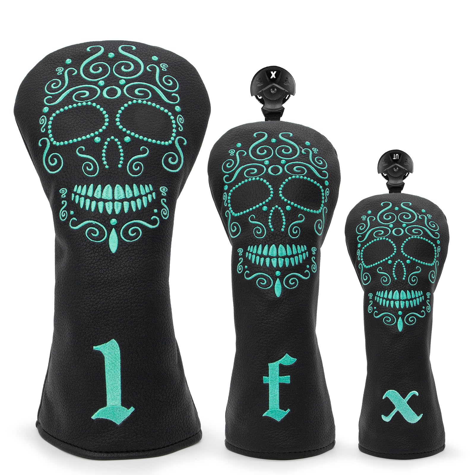 Photo 1 of Black Golf Club Covers Skull Embroidery Driver Headcover Fairway 3 Wood Headcover Hybrid Headcover for Your Selection fits for All Brands (for 1 F H(3pcs))