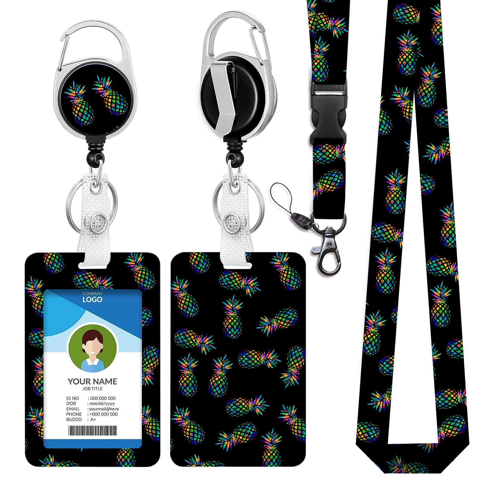 bolimoss Pineapple Lanyard Card Holder & Retractable Badge Reel Clip Cool Key Keychain Neck Strap Lanyards for ID Badges for Women Girls Teachers Key Cards Lanyard ID Holder