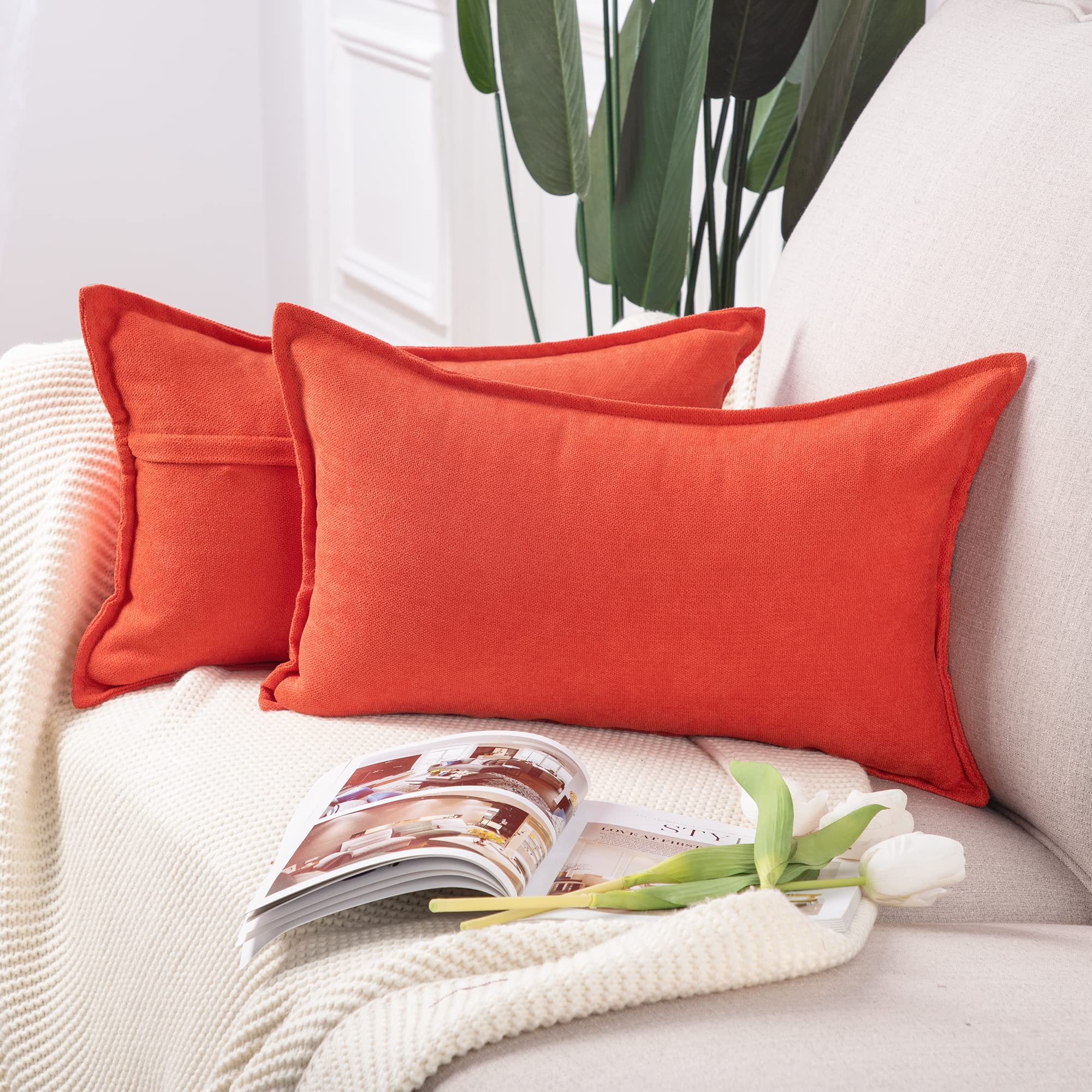 Madizz Set of 2 Short Chenille Throw Pillow Covers 12x20 Inch Reddish Orange Soft Decorative Cushion Cover for Sofa Bedroom Pillow Shell
