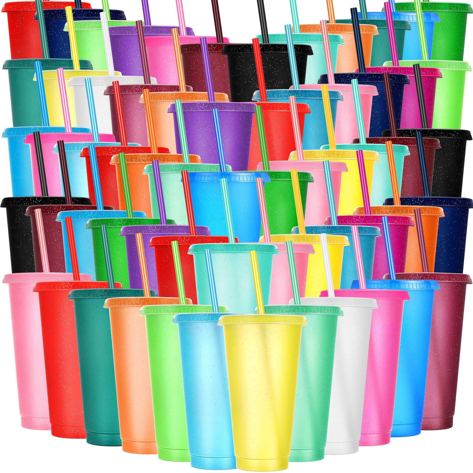 Honeydak 100 Pack Tumbler with Straw and Lid Bulk Glitter Plastic Cups Water Bottle Iced Coffee Travel Mug Reusable Party Favor Cups for Birthdays travel 24-27 oz (Vintage Color)
