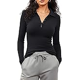 Prettywear V Neck Long Sleeve Shirts for Women Trendy Casual Fitted Collared Basic Cute Polo Tops Button T-Shirt 2025 Fall