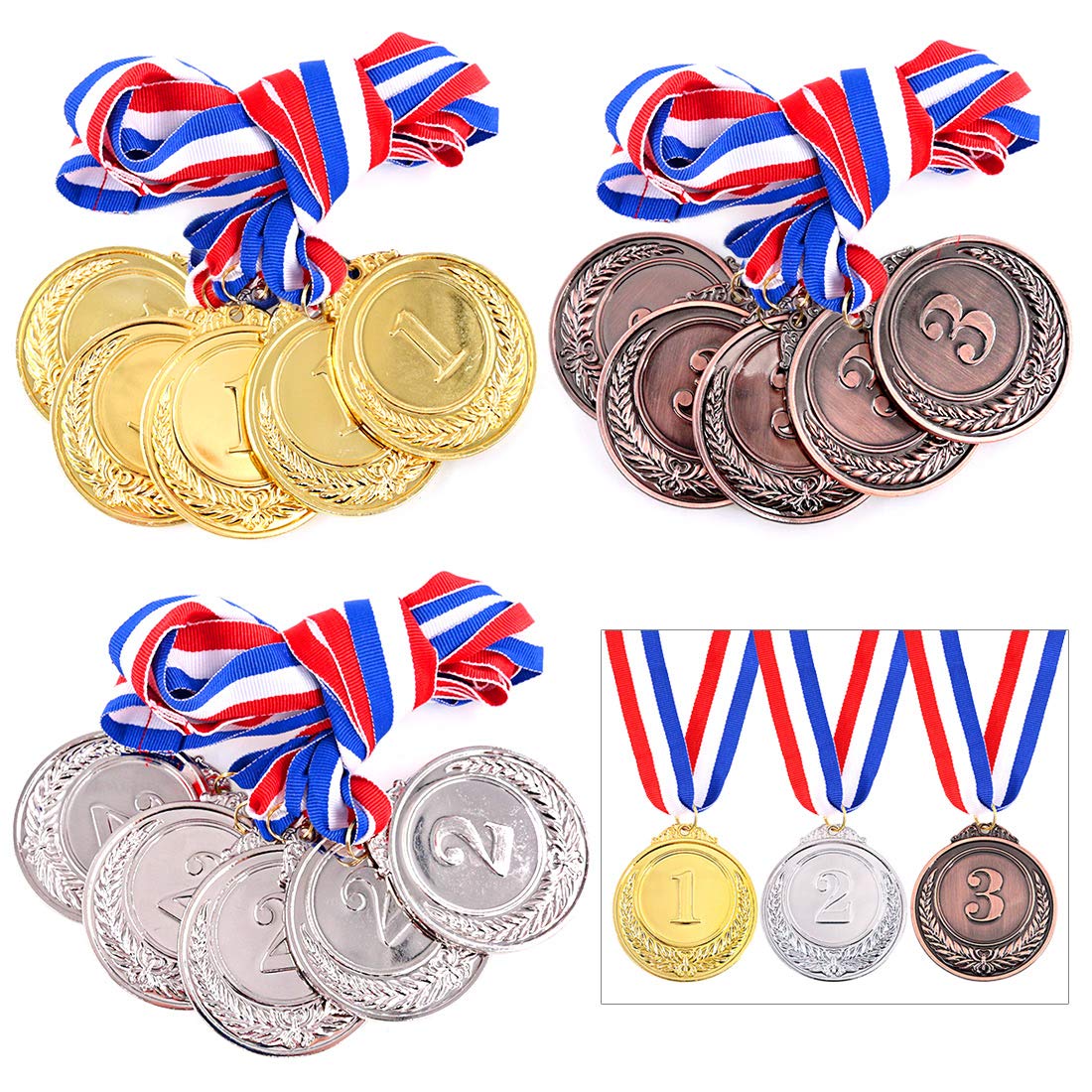 Keadic 15 Pieces Metal Award Medals with Neck Ribbon - Olympic Style Winner Medals Gold Silver Bronze, Perfect for School Sports Day, Sporting Events, Olympic Theme Parties