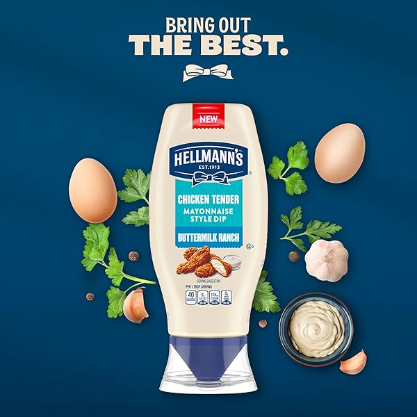 HELLMANN’S BUTTERMILK RANCH CHICKEN TENDER MAYONNAISE STYLE DIP BUTTERMILK RANCH DELICIOUS FLAVOR NO ARTIFICIAL FLAVORS 11.5 FL OZ