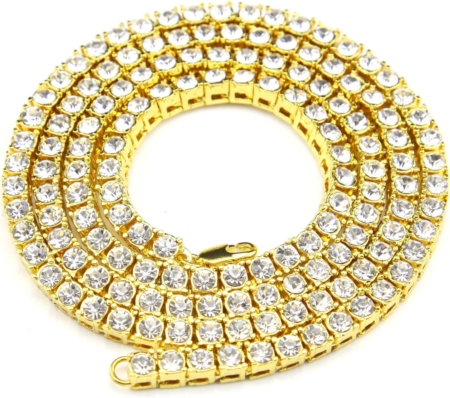 CharMen Jewelry Hip Hop 14K Gold Plated Iced Out 1 Row Round Cut 5mm CZ Tennis Necklace, 20 24 30 inch