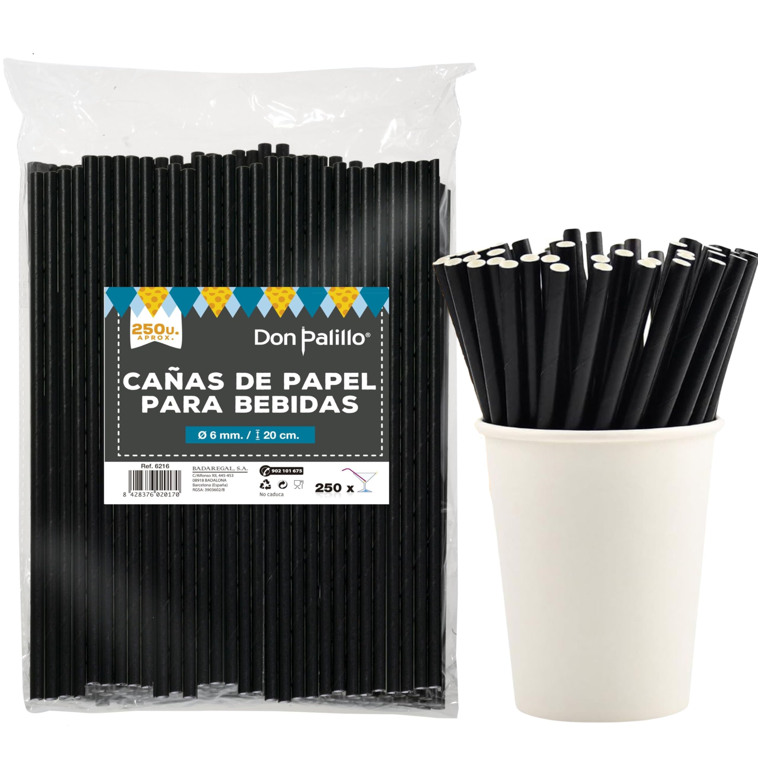 Don Palillo, 250 Biodegradable Paper Straws, 15 cm, Spiral Pallel Rods White - Black, Plastic Free, Eco-Friendly, Strong, Sustainable and Compostable, Cold and Hot Drinks