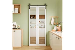 AINLARRY HD Explosion-Proof Mirror Bi Fold Barn Door, Pre-Assembled Panel & Paintable Primed White Finish Bifold Barn Door with Hardware Kit Included, Barn Door Bifold Closet Doors for Pantry Laundry, 36"x84"