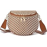 Trendy Woven Checkered Crossbody Bum Bag for Women，PU Leather Checkered Purse Fanny Packs Belt Bag (Woven Bum Bag - Brown White)