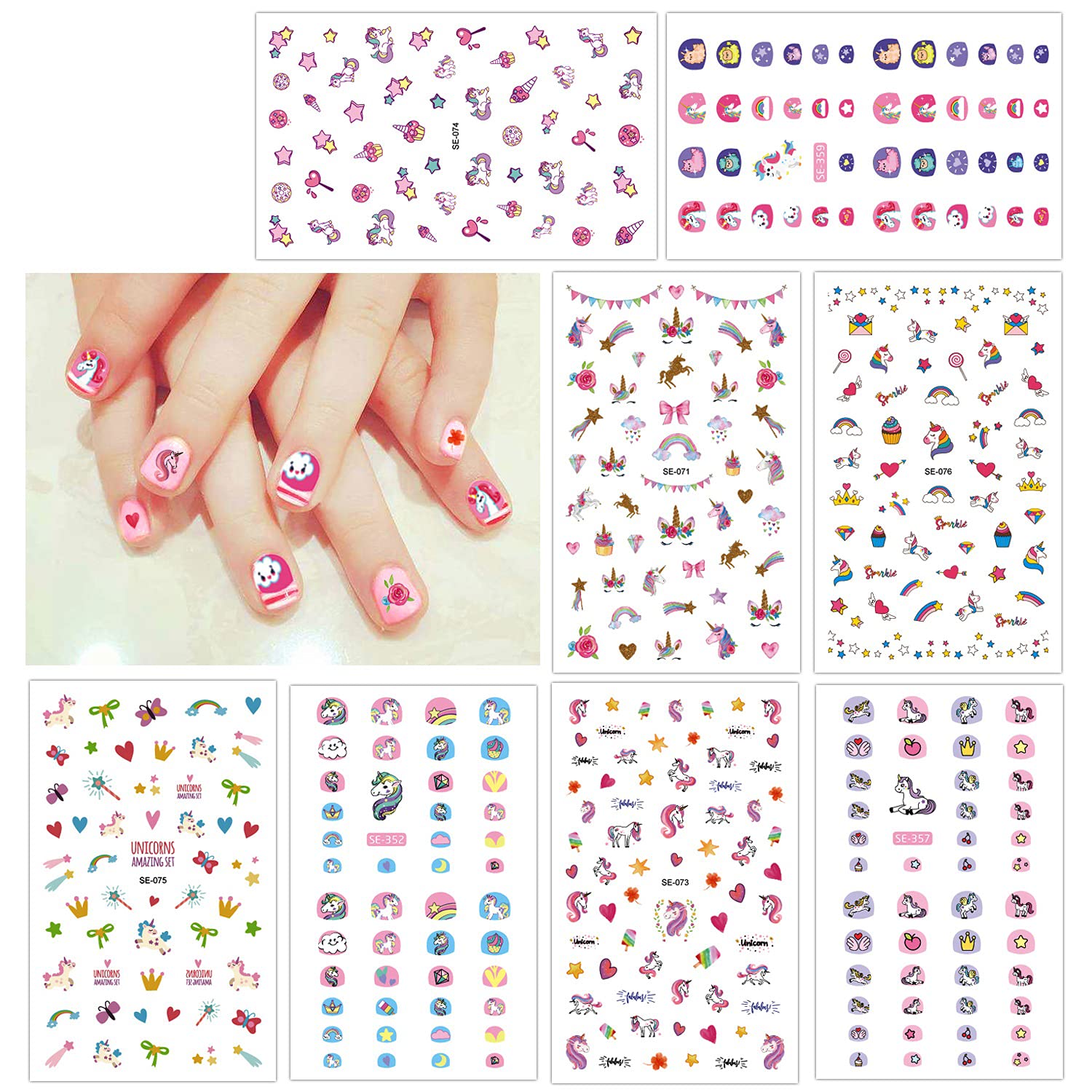Howaf Unicorn 3D Nail Art Stickers Decals (400+Designs), Unicorn Nail Sticker Self-adhesive False Nail Manicure Decals Toe Wraps for Kid Girls Women Nail Tip Decoration
