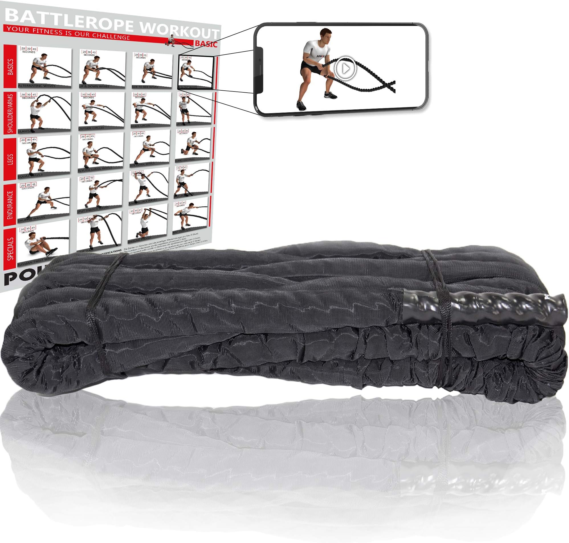 Powrx Battle Rope with Cover, 38 mm or 50 mm diameter, training rope, sports rope, for fitness and strength training, various  lengths available