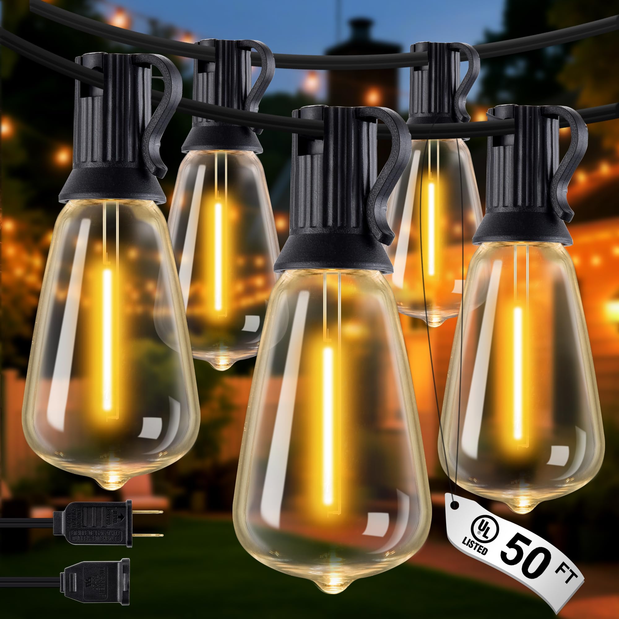 Photo 1 of DELITOR Outdoor String Lights - 50FT LED Patio Lights with 27 Shatterproof Waterproof Bulbs, Connectable Dimmable Edison IP65 ST38 Outside Lights for Garden, Balcony, Porch, Backyard, Deck, Home Decor