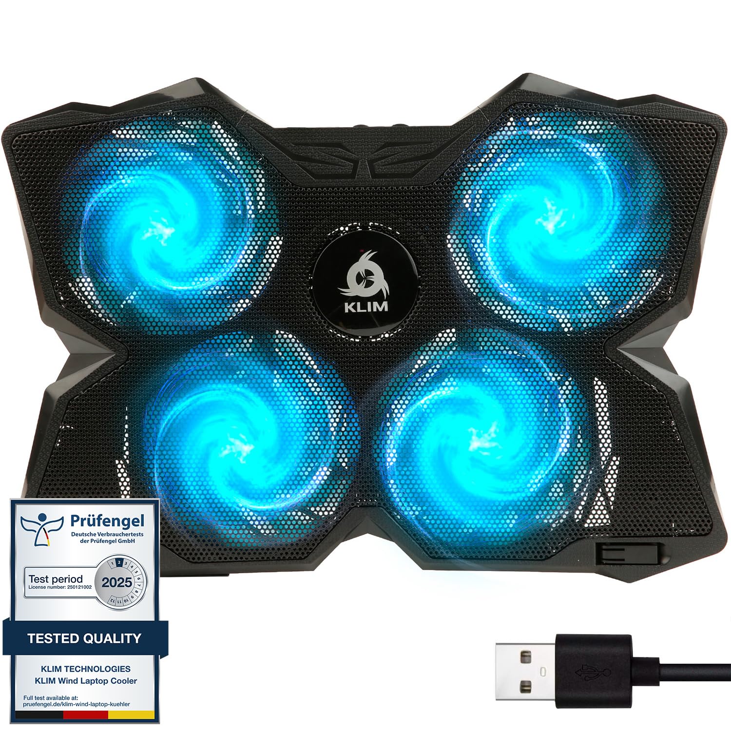 KLIM Wind Laptop Cooling Pad - More Than 500 000 Units Sold - New Version - The Most Powerful Rapid Cooling - Laptop Stand with 4 Fans at 1200 RPM - USB Fan - PS5 PS4 - Cyan