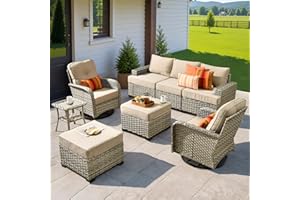HOOOWOOO Outdoor Sectional Patio Furniture Set,8 Pieces Wicker Conversation Sets,Extra Deep Out Door Sofa Outside Furniture Couch with Swivel Chairs Ottoman,Beige