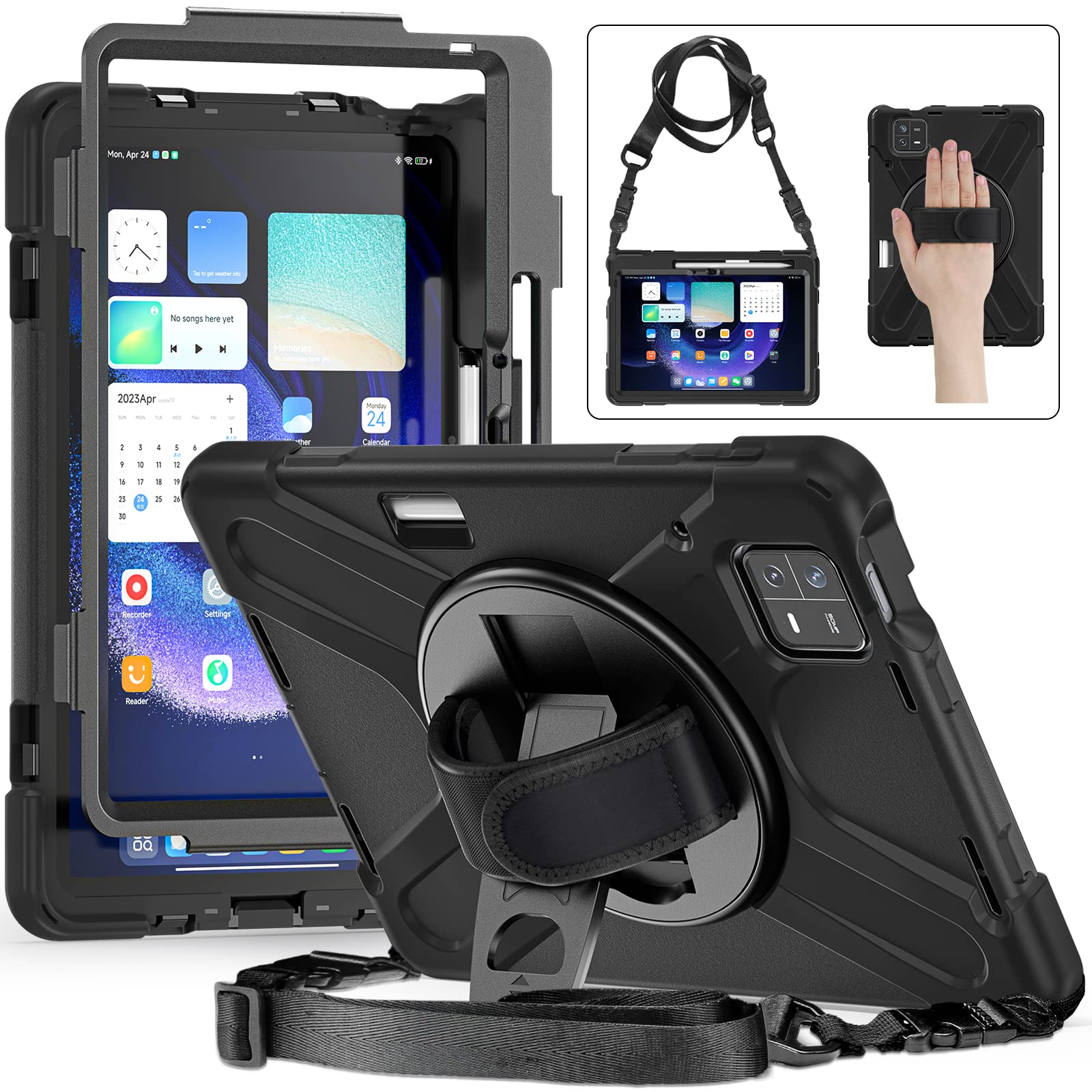 UFinetech Xiaomi Mi Pad 6/ Mi Pad 6 Pro Case, MiPad 6/ Pad 6 Pro Shockproof Case 11", 360 Rotate Stand Hand Strap Shoulder Strap Pencil Holder Protective Cover, Tablet for Men Women Kids 2023, Black