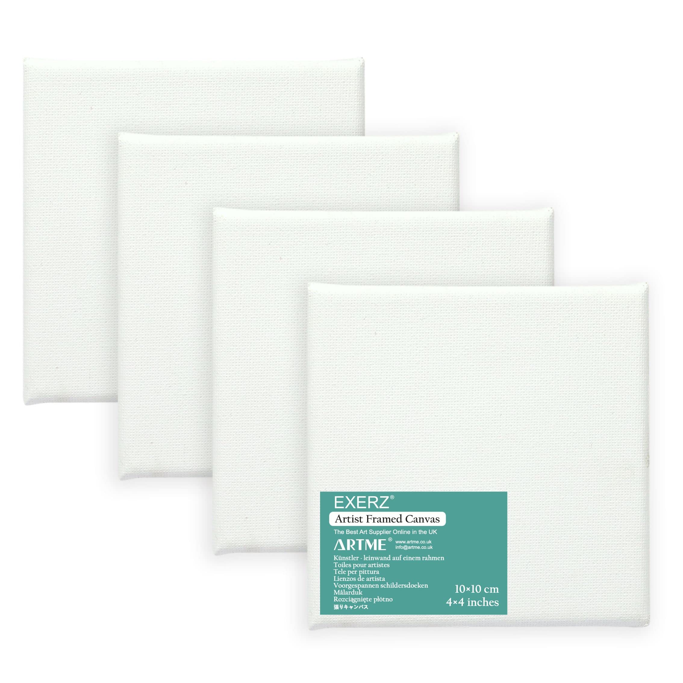 EXERZ 10x10cm Stretched Canvas 4pk - Square Framed Blank Canvas 1.7cm 280GSM 100% Cotton/Triple Primed/Acid Free/Medium Grain - Acrylic & Oil