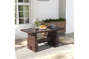 SUNSITT Outdoor Patio Lift Dining Table, Rectangle Patio Coffee Table with Glass Tabletop, Wicker Furniture Multi-Function Dining Table for Backyard, Deck, Garden, Brown