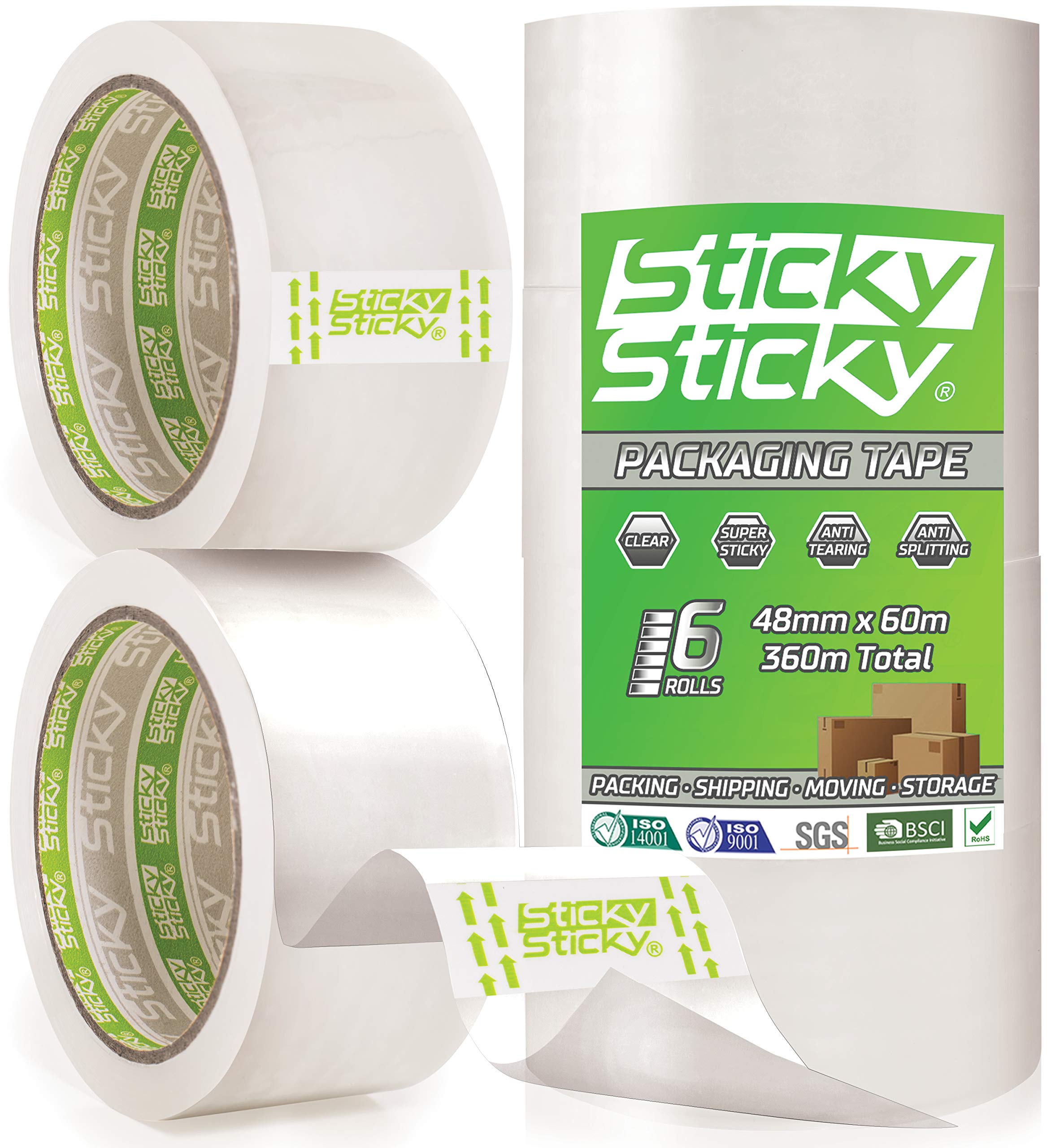 Sticky Sticky Packing Tape 6 Rolls 48mm x 60m - Clear Parcel for Boxes - Packaging for Moving House - Transparent Shipping Tape for Parcels