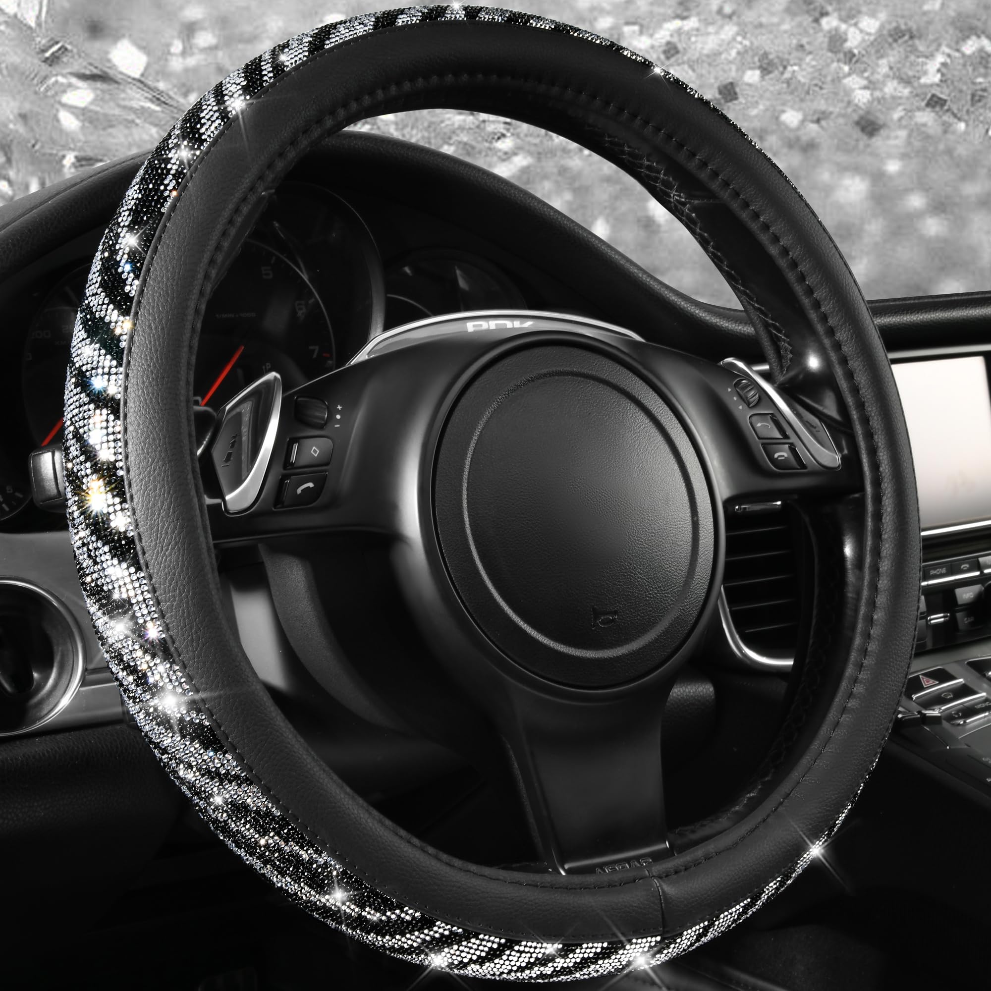 Photo 1 of CAR PASS Bling Diamond Leather Steering Wheel Cover, with Bling Sparkly Crystal Glitter Rhinestone Universal Fit 14" 1/2-15" Car Wheel Protector Fit for Women Girl SUV,Vans,Sedans,Trucks, Zebra Print