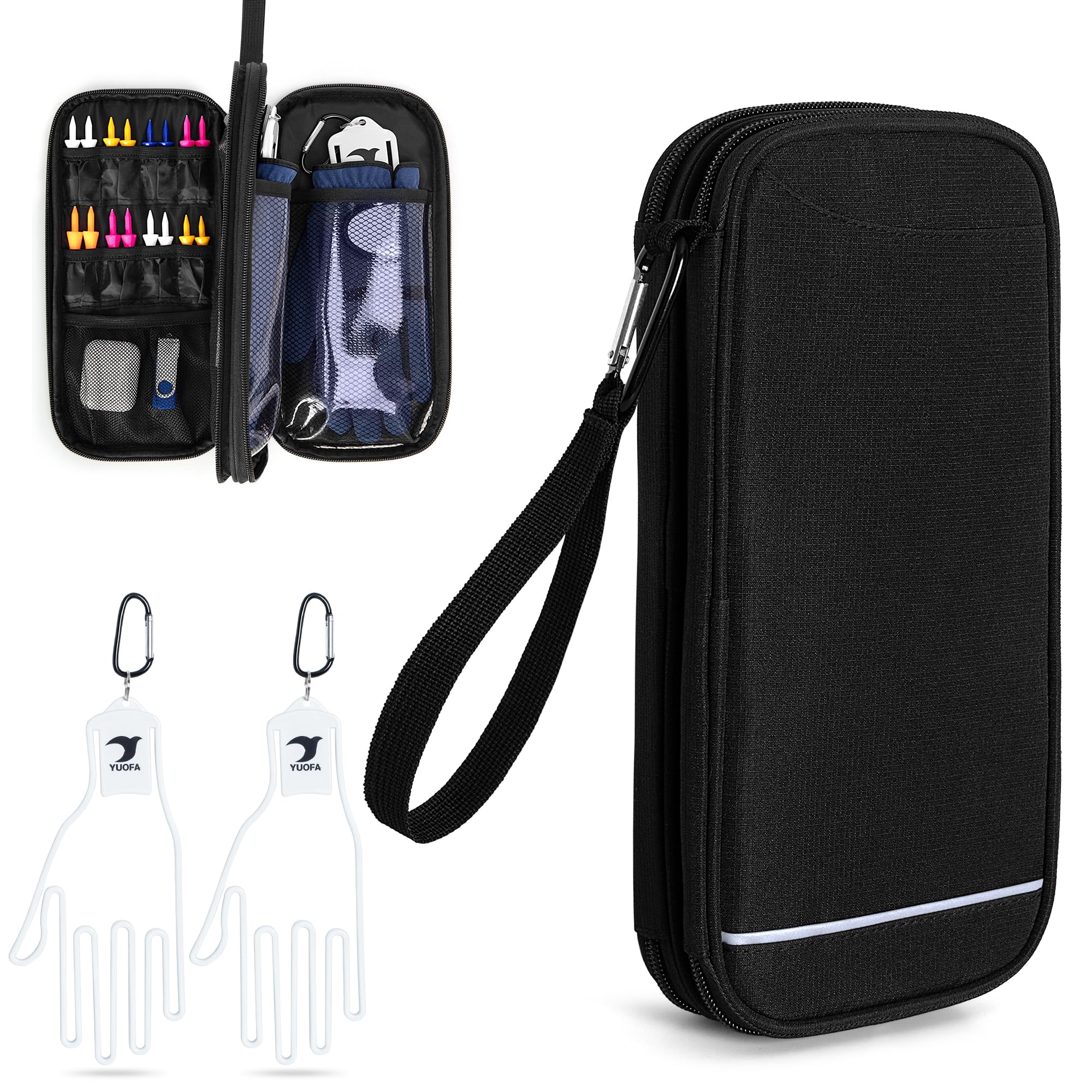 GOBUROS Golf Glove Holder, Golf Glove Case with A Pair of Golf Gloves Stretcher with Hook, Protective Golf Accessory Case for Tees, Ball Markers, Phone and Golf Essentials