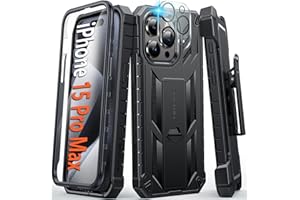 FNTCASE for iPhone 15-Pro-Max Phone Case 6.7", Built-in Screen Protector & Kickstand & Belt-Clip Heavy Duty Military Grade Shockproof Protection Rugged Case - Black