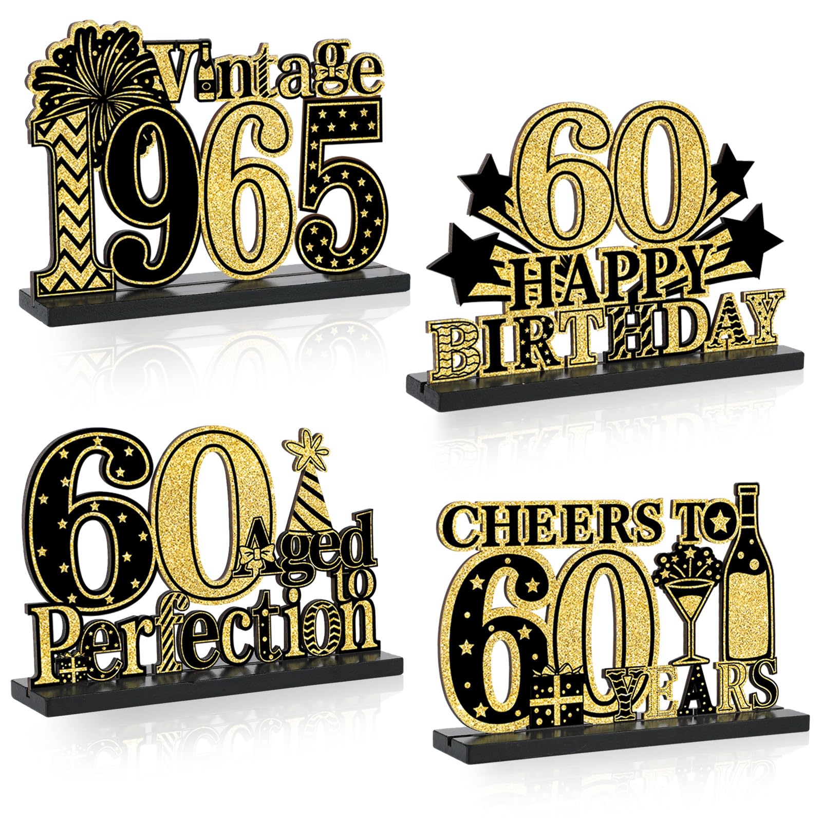 Photo 1 of 4 Pcs 60th Birthday Table Decorations Vintage 1965 Black Gold Birthday Party Centerpieces Aged to Perfection 60th Birthday Decorations Cheers to 60 Years Table Topper Wooden Decor for Men 60 Years Old