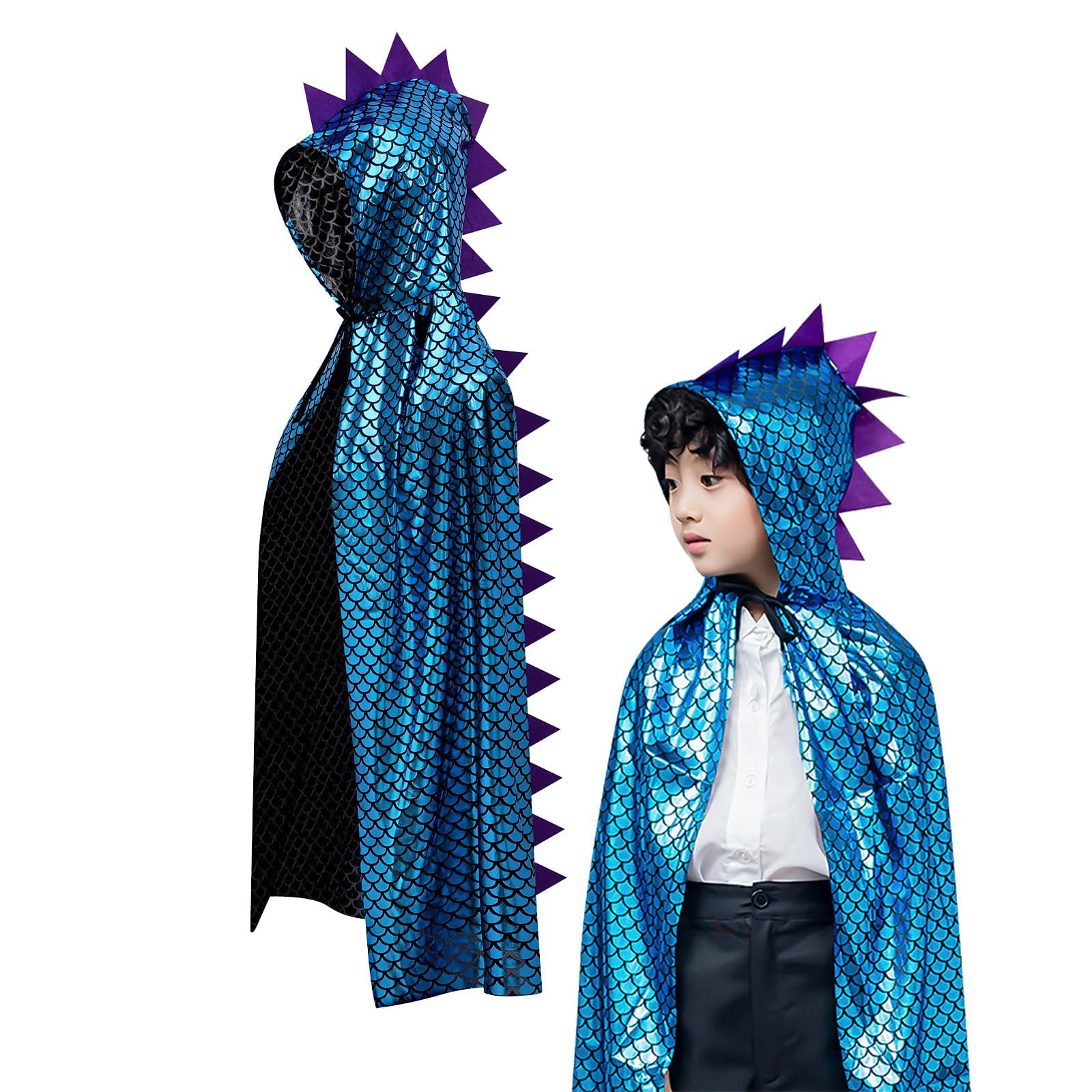 XINCHIA Kids Halloween Metallic Spike Cape Hooded Scale Cloak Dragon Dinosaur Medieval Accessory for Dress Up Pretend Play Fantasy Robe,Birthday,Cosplay Theme Party Costume Gold/Blue/Silver