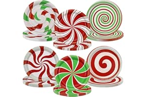 APUXXJUPA 60 Pcs Christmas Candy Plates - Red Green Striped Peppermint Swirl Lollipop Plates for Xmas Dinner Holiday Winter Party Supplies