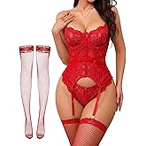 Alrovetoney Sexy Lingerie Set 4pcs Teddy Bodysuit With Bra And Panties & Thigh Highs Corset Bodysuit XS-3XL