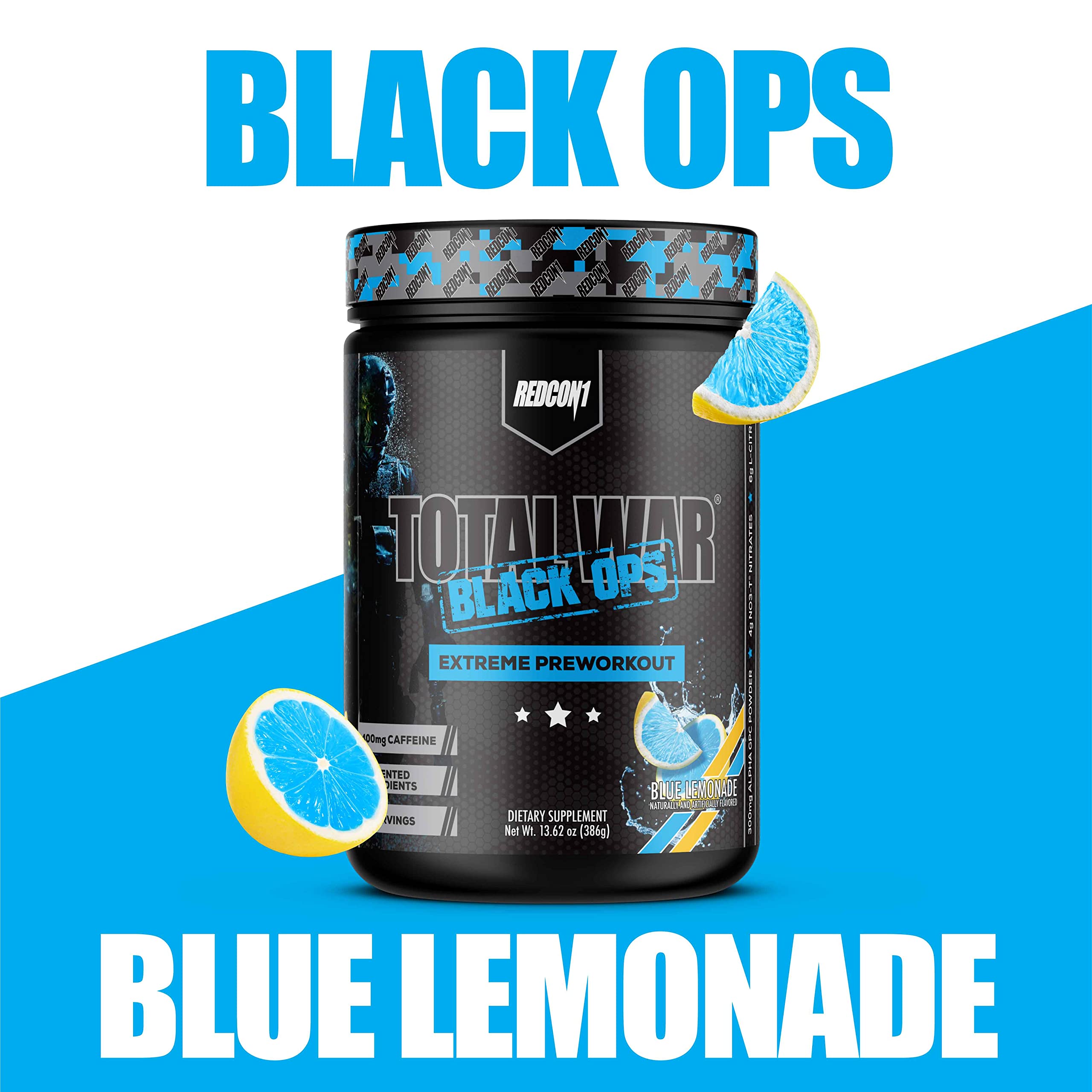 REDCON1 Total War Black Ops Extreme Preworkout Powder, Blue Lemonade, High Stimulant, 400 mg Caffeine, NO3-T Nitrates + L-Citrulline, Increase Blood Flow, Muscle Pumps (20 Servings)