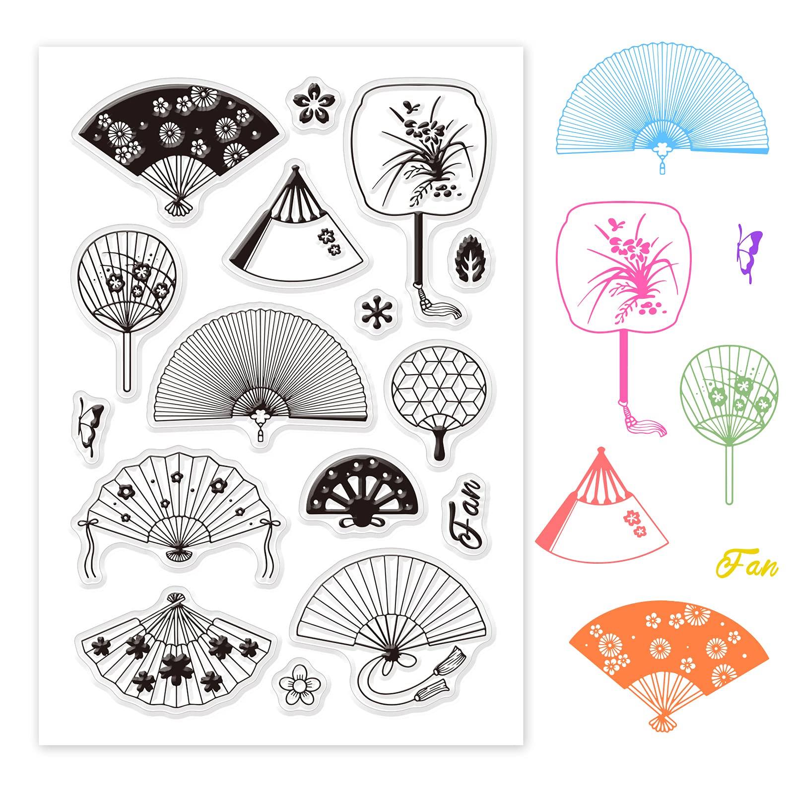 GLOBLELAND Folding Fan Silicone Clear Stamps Chinese Japanese Acrylic Stamps for Card Making and DIY Scrapbooking Embossing Album Decor Craft, 160 x 110 mm