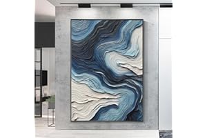 PTTKKTBM Blue Abstract Textured Wall Art Blue White Gray Painting Dark Blue Abstract Art Modern Abstract Painting Blue Silver Wall Art Navy Blue Oil Painting Ocean Line Art for Living Room 16x24inch No Frame