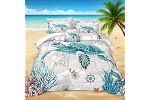 Bedbay Nautical Bedding Set Turtle Comforter Set King Size Beach Comforter Set Soft Microfiber Sea Life Ocean Bedding Quilt Set Coastal Bedding Boys Girls Beach Theme Bedding Set(Turtle,King)