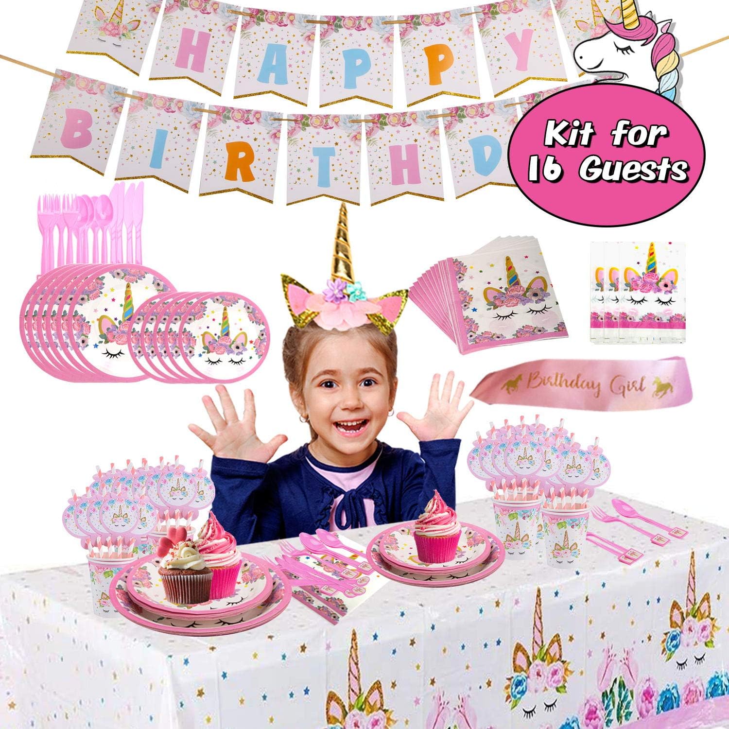 Premium Unicorn Birthday Party Supplies - Serve 16, FDA Approved, Including Plates, Cups, Utensils, Napkins, Table Cover, Banner