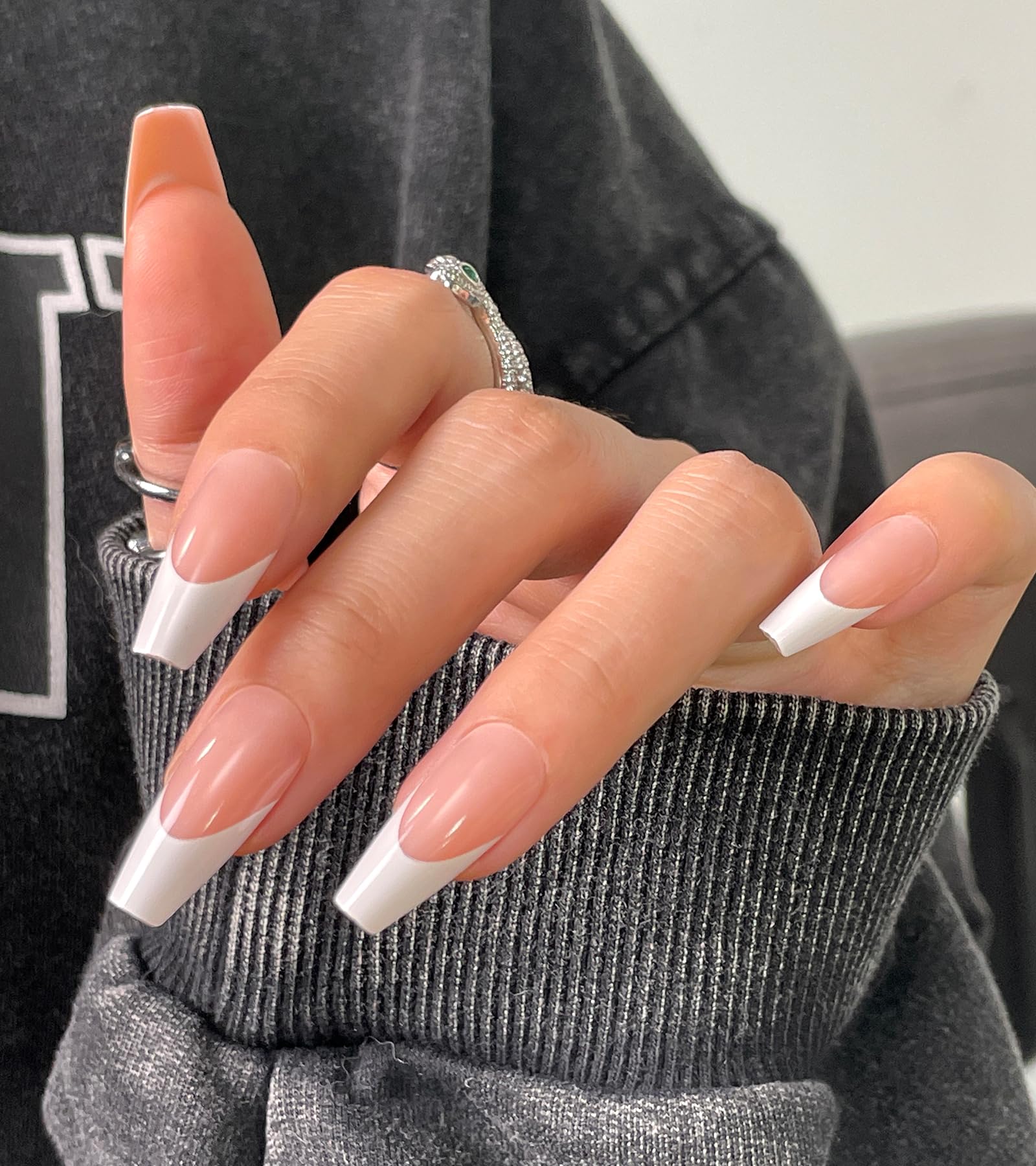 Photo 1 of Morily Light Pink White French Tip Press on Nails, 30Pcs Long Coffin Thicker Fake Nails Reusable False Nails with Design, Glossy Acrylic Stick on Nails for Women, 15 Sizes, Include Glass File