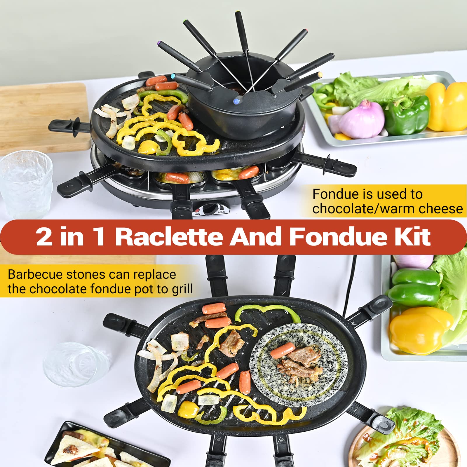 CosCosX Fondue Pot Set, Electric Fondue Pot Sets with BBQ Grill, Portable Korean BBQ Grill with Raclette Grill Plate, 8 Fondue Forks, 8 Small Nonstick Pans Temperature Control for 8 People Parties