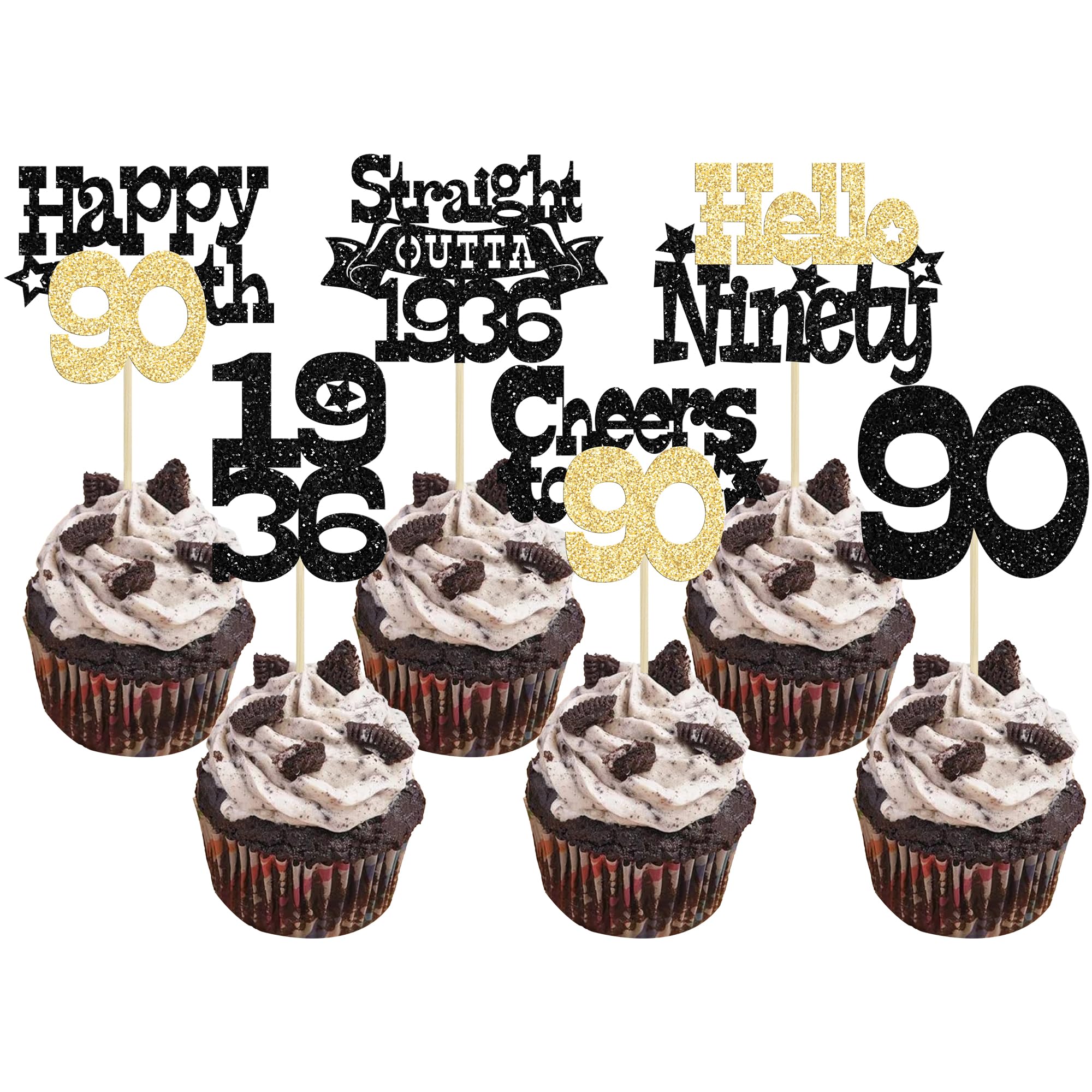 Ephlyn 30Pcs Straight Outta 1936 Cupcake Toppers Glitter Ninety Happy 90th Birthday Cupcake Picks Cheers to 90 Years Cake Decorations for Happy 90th Birthday Anniversary Party Supplies Black Gold — image 1