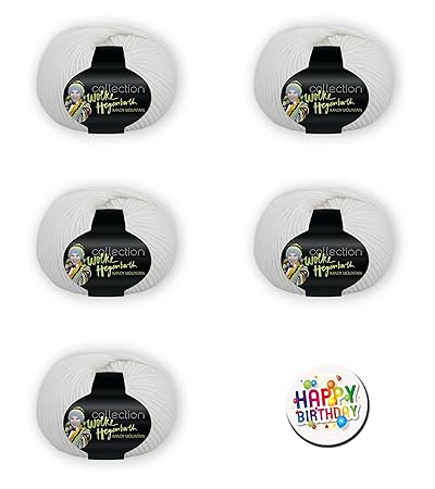 KANDY MOUNTAIN 01: 5er-Geschenke Set: 5 x 50g Knäuel 65% Baumwolle & 35% feine Merino Wolle + Button HAPPY BIRTHDAY