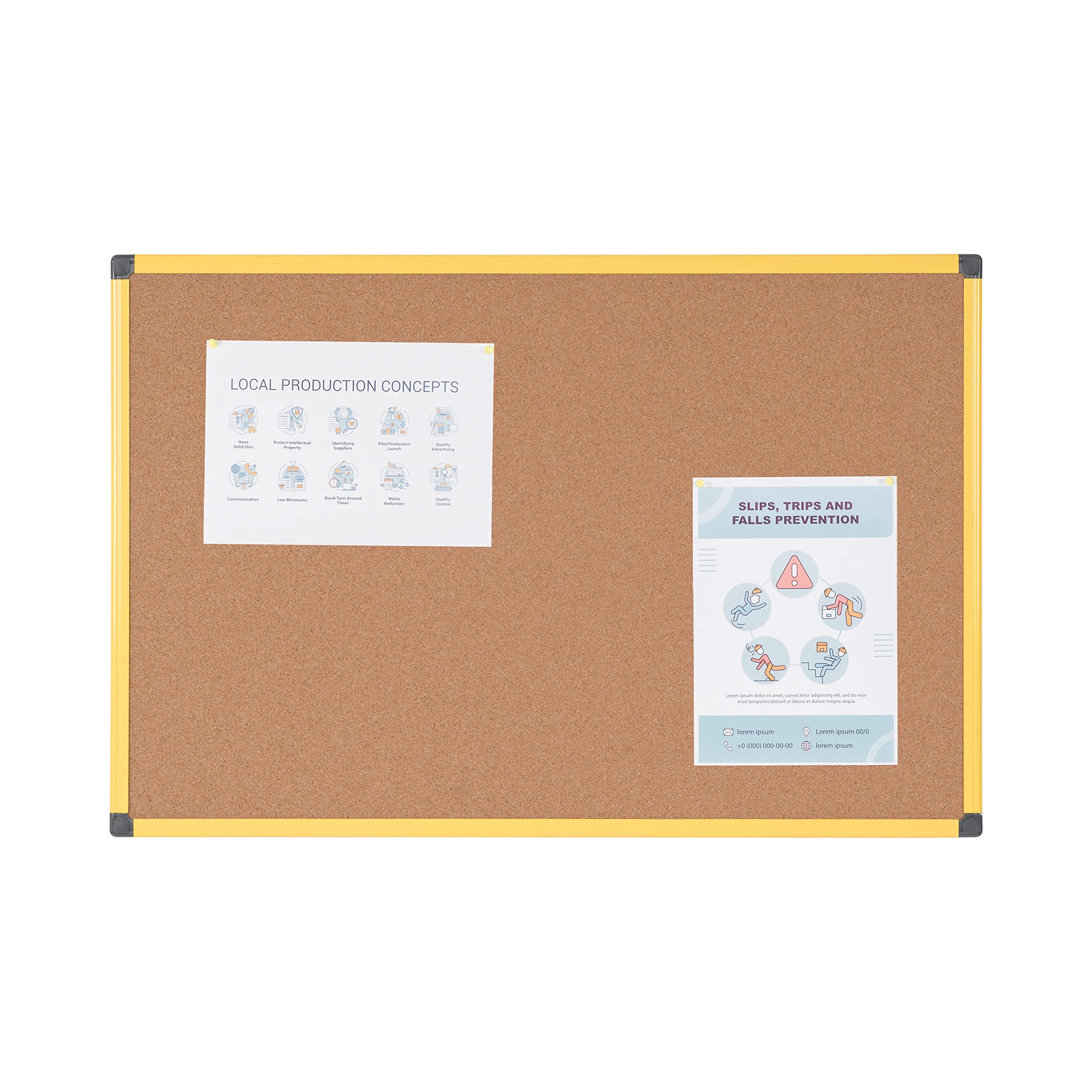 Bi-Office Cork Notice Board 600x450 mm Ultrabrite 60 x 45 cm with Yellow Aluminium Frame