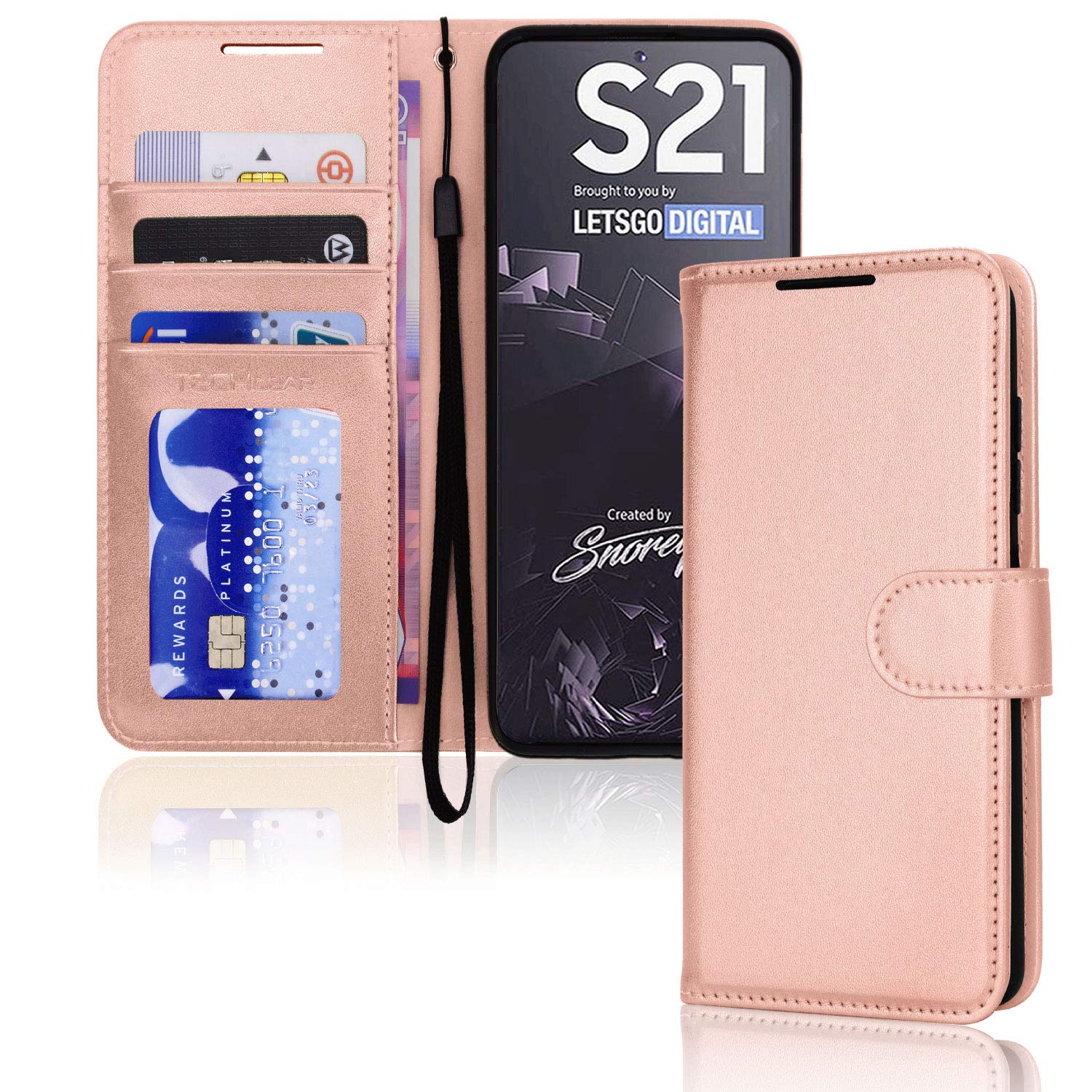TECHGEAR Galaxy S21 Leather Wallet Case, Flip Protective Case Cover with Wallet Card Holder, Stand and Wrist Strap - Rose Gold PU Leather with Magnetic Closure Designed For Samsung Galaxy S21 / S21 5G
