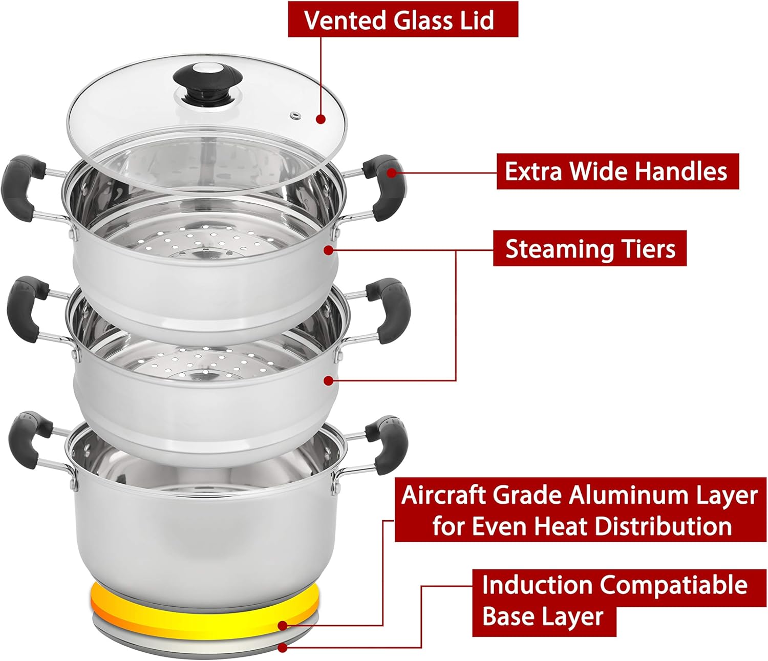 CONCORD 10" Stainless Steel 3 Tier Steamer Steaming Pot Cookware 24 CM (Induction Compatible): Kitchen & Dining